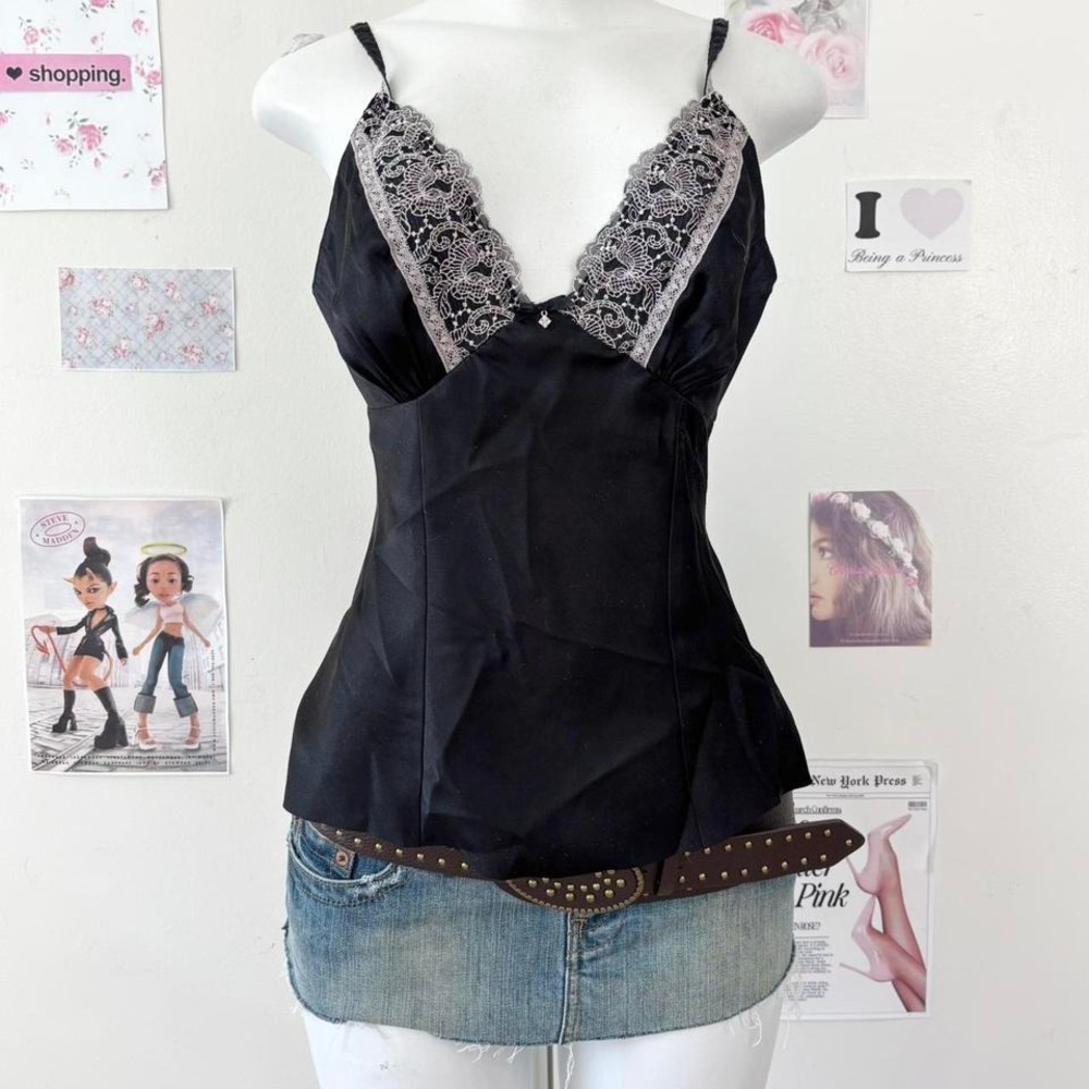 Black Sheer Mesh Babydoll Top —‎ Pink Ribbon Trim / Y2K Lingerie Aesthetic